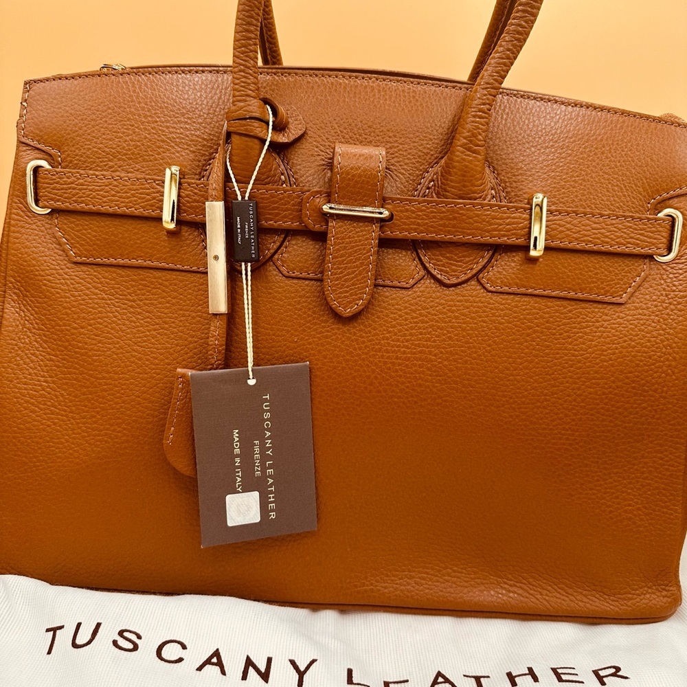 Tuscany Luxury Cognac Italian Leather Handbag Purse Gold Hardware Designer
